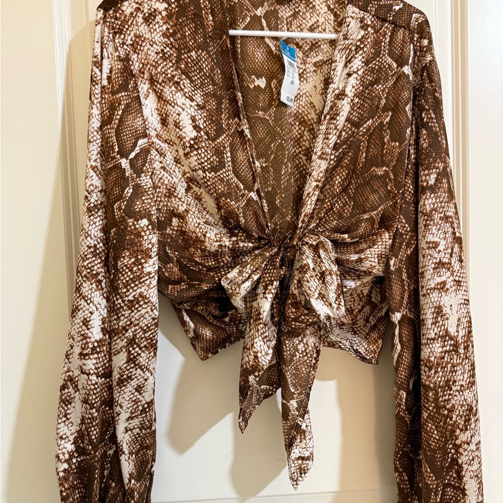 Brown Snake Print Tie-Front Top